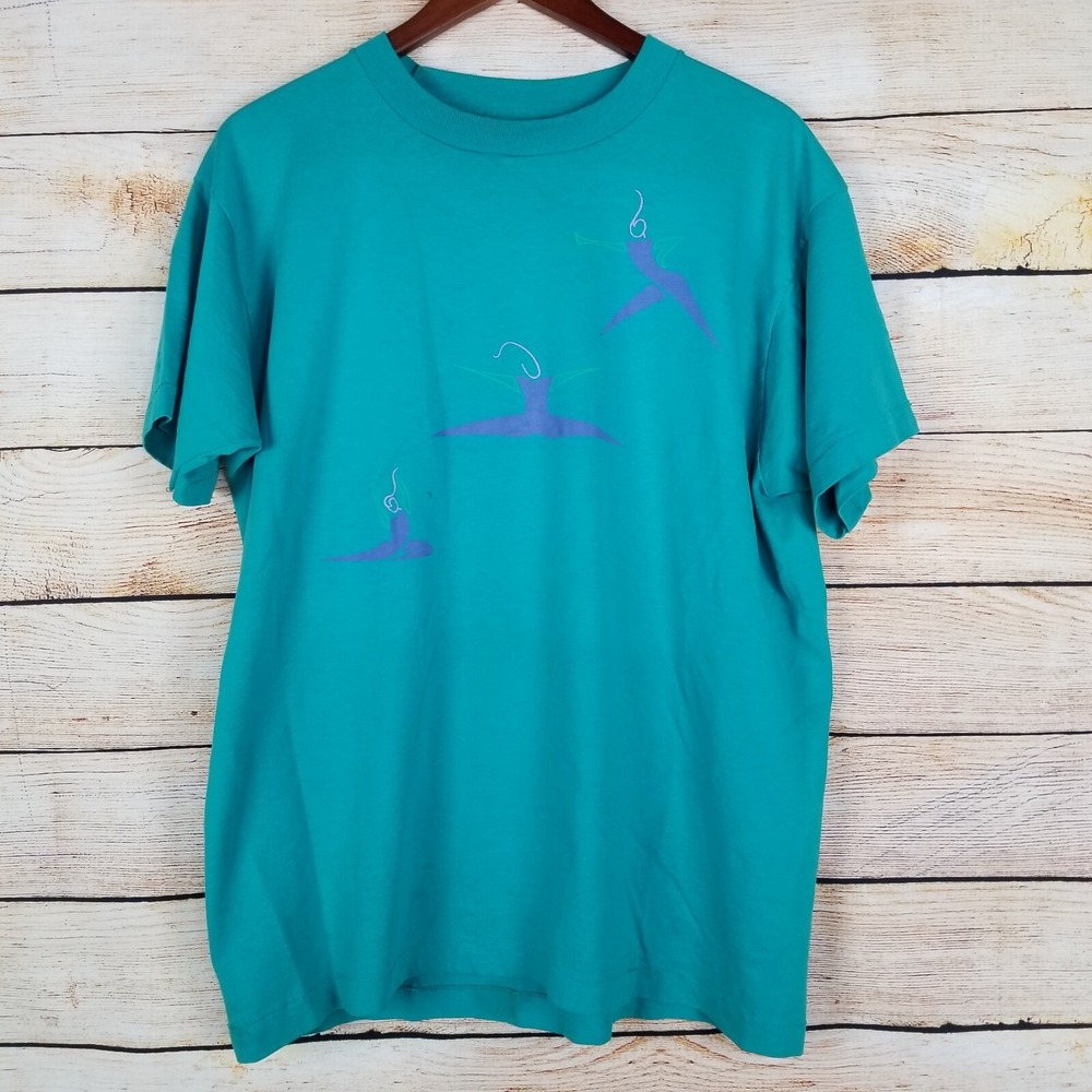 VINTAGE Screen Stars Shirt Size XL Teal‎ Single Stitch Short Sleeve Dance Yoga